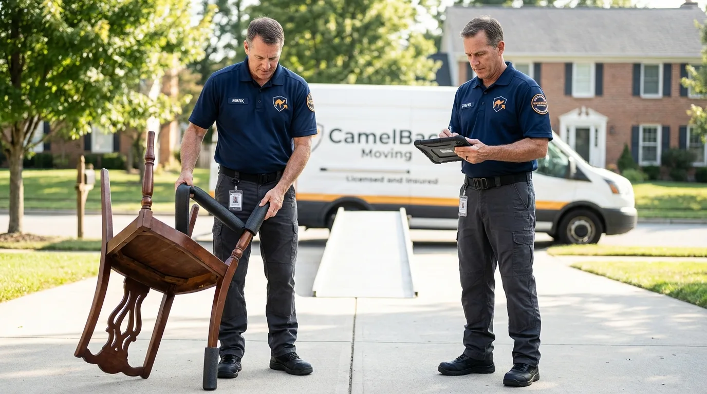 Movers inspecting furniture for damage prevention before loading in American Falls, ID